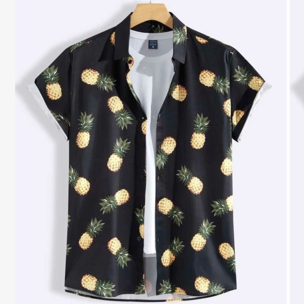 Pineapple Pattern Black Button Down Shirt Men's Medium